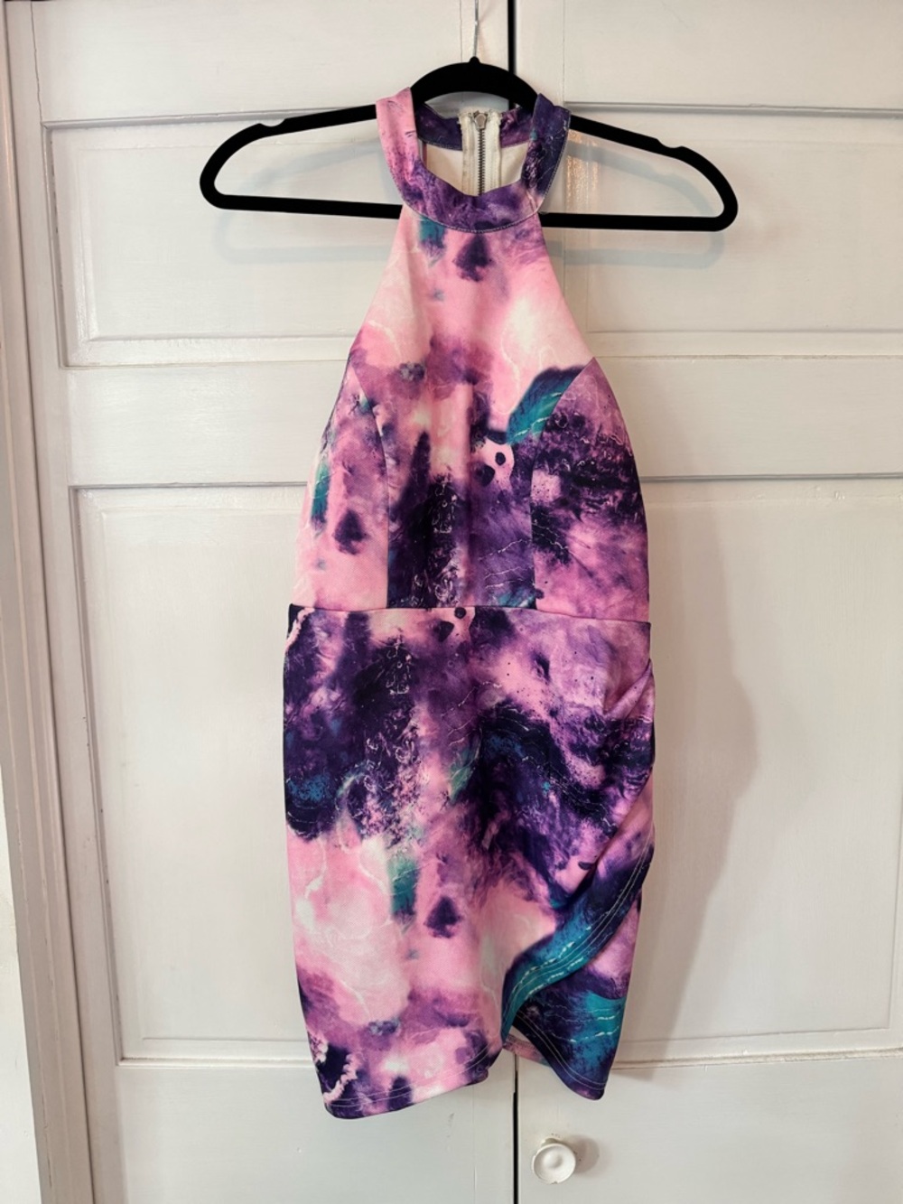Halter Bodycon Dress in Pink, Purple & Teal Marble Print